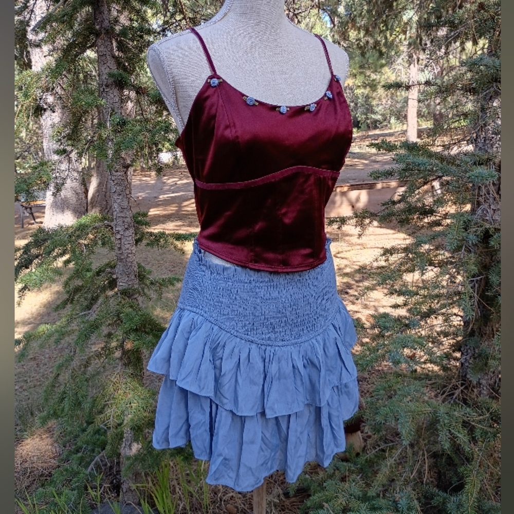 SOLD! NWOT Burgundy Wild Fable Smocked Corset Top w Blue Roses & Velvet Straps